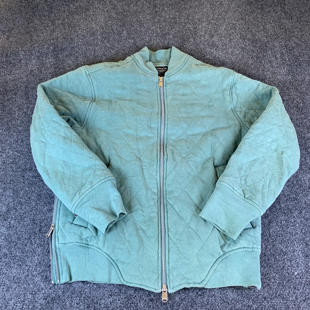 Athleta Bomber Jacket Womens Small Green Good Quilted Cotton Stretch Full Zip